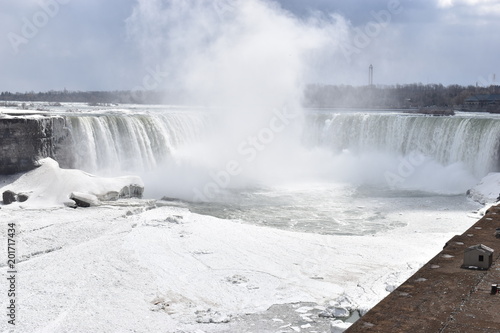 Beautiful gigantic frozen Horseshoe Niagara Waterfalls on a frozen spring day in Niagara Falls in Ontario, Canada
