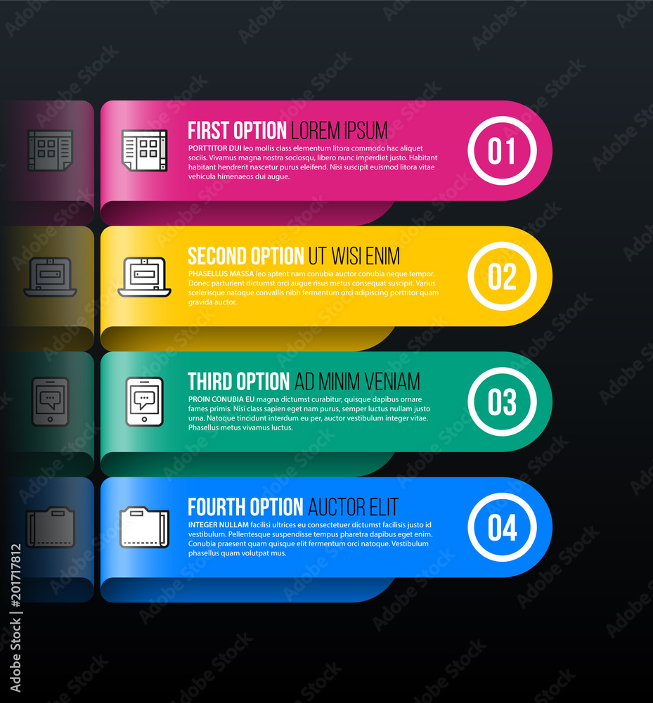 Four rounded options in glossy origami style on black background Four rounded options in glossy origami style on black background