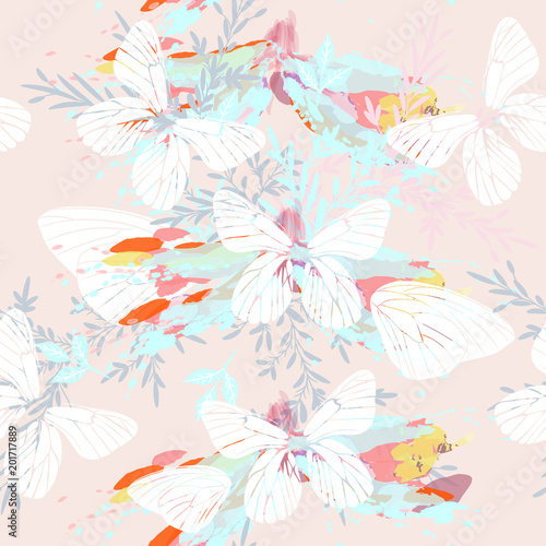 Abstract pattern with butterflies and florals in spring colors