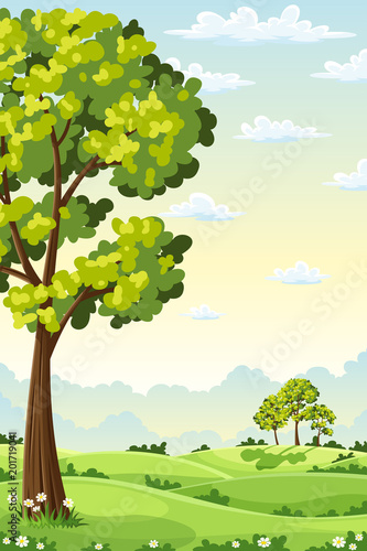 Summer landscape with trees and hills. Vector Illustration.
