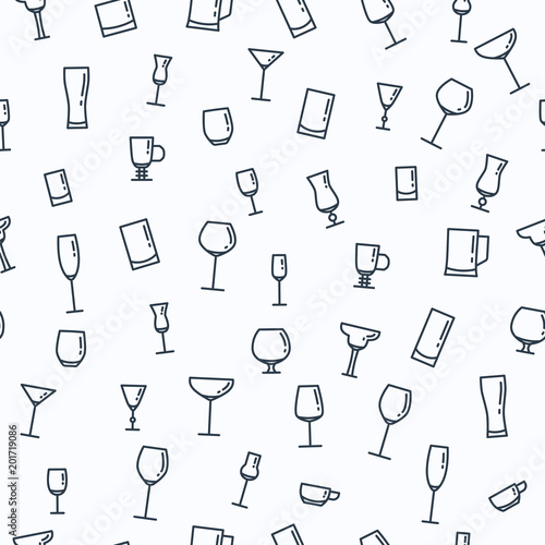 Seamless pattern with different glasses, wine glasses and cups.