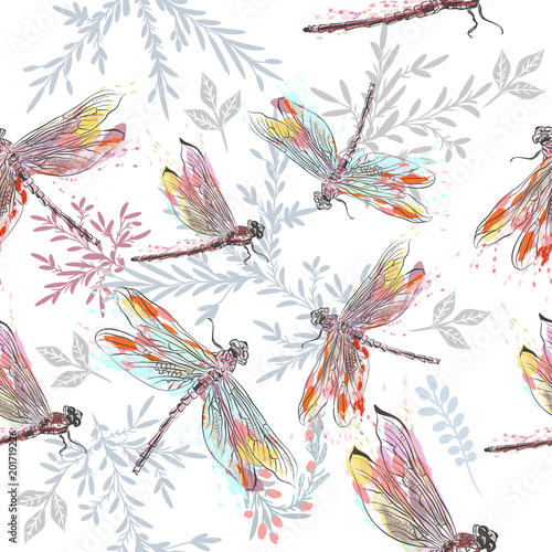 Beautiful pattern or background with dragonfly  in watercolor style painted by spots