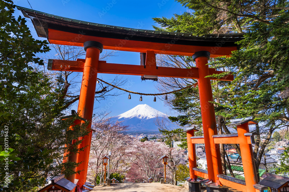 桜咲く新倉富士浅間神社の鳥居と富士山 / Scenery of Mt. Fuji, cherry blossoms and red torii gate. Arakurayama Sengen Park, Yamanashi Prefecture, Japan. 桜咲く新倉富士浅間神社の鳥居と富士山 / Scenery of Mt. Fuji, cherry blossoms and red torii gate. Arakurayama Sengen Park, Yamanashi Prefecture, Japan.