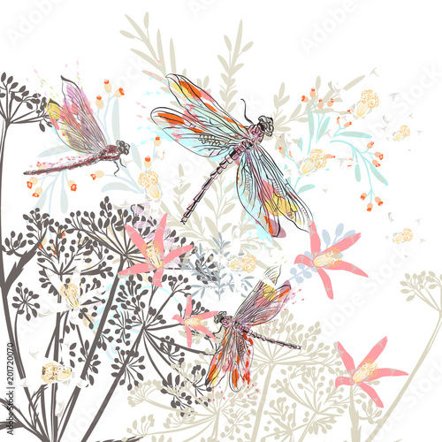 Fashion vector illustration with flowers and dragonfly