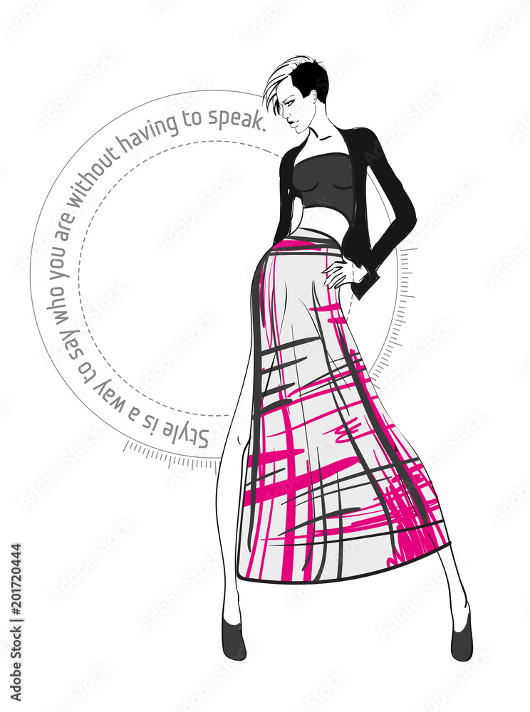 Fashion illustration. Stylish fashion models. Fashion girl Sketch. A girl in a dress and fashionable quote. Fashion illustration. Stylish fashion models. Fashion girl Sketch. A girl in a dress and fashionable quote.