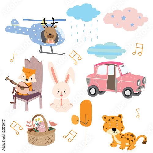 Cute orange pastel icon with fox,chair,car,guitar,leaf,flower,rabbit,tiger and rain