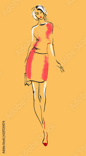 Fashion illustration. Stylish fashion models. Fashion girl Sketch. A girl in a dress.
