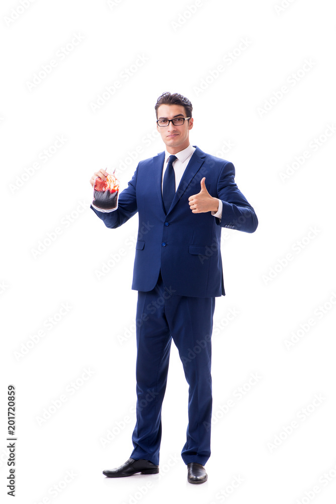 Businessman with blood bag isolated on white Businessman with blood bag isolated on white