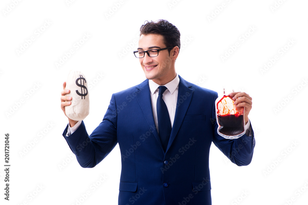 Businessman with blood bag isolated on white Businessman with blood bag isolated on white