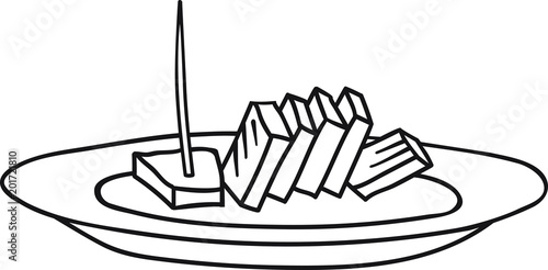 Hand Drawn Doodle Sketch Line Art Vector Illustration of Plate of Sliced Cheese. Emblem Poster Banner Black Outline Design Element Template