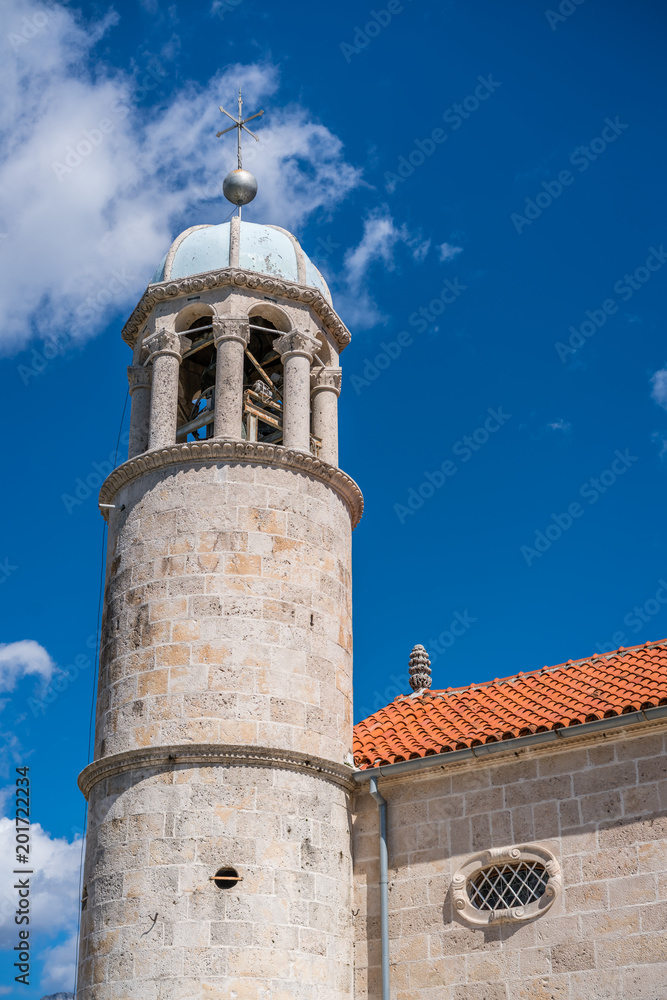 The bell tower of the basilica of Our Lady of the Rocks