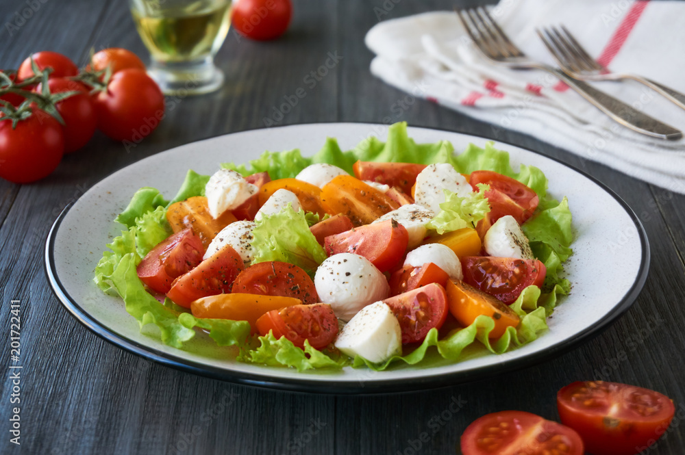 Vegetable salad with tomatoes and mozzarella on a plate