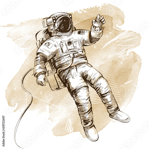 Cosmonaut or astronaut in spacesuit. Hand drawn vector illustration on artistic watercolor background. All elements isolated.