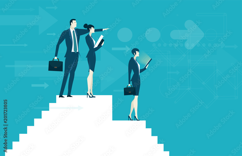 Fototapeta premium Businessman and business woman on top of the stairs, looking for the business growing charts and diagrams and representing professional success. Business concept illustration.