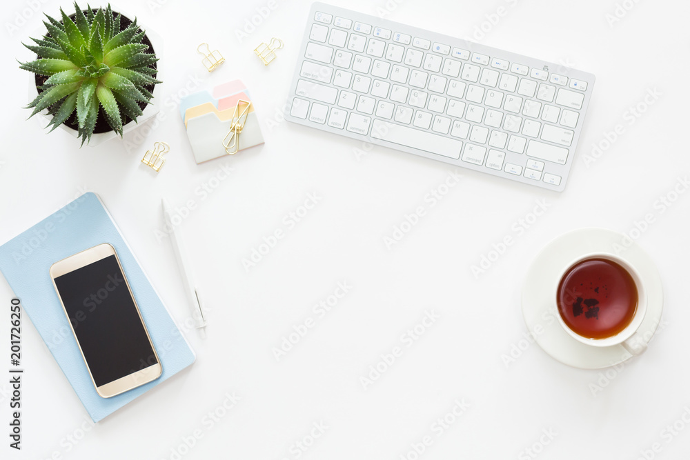 White Office Desk Table With Laptop Computer Cup Of Coffee And Office  Supplies Top View With Copy Space Flat Lay Stock Photo - Download Image Now  - iStock