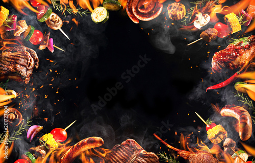 Collage of various grilled meat and vegetables