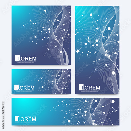 Abstract vector set of modern website banners. Scientific cybernetics background with dynamic linear waves. Molecule and communication background. Graphic background for your design