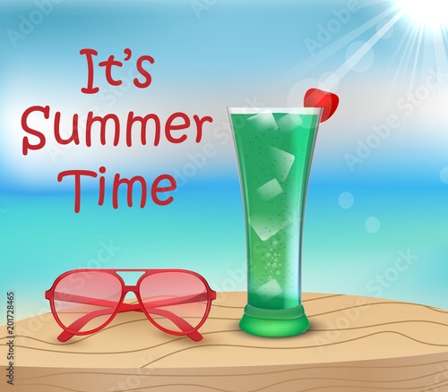 It's summer time. Cocktail and sunglasses on wood table