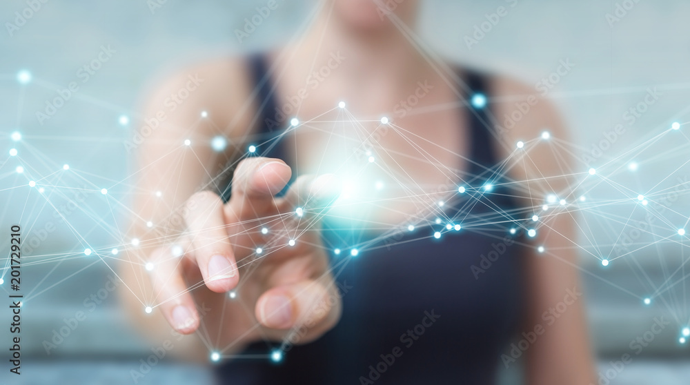 Obraz Businesswoman using flying network connection 3D rendering