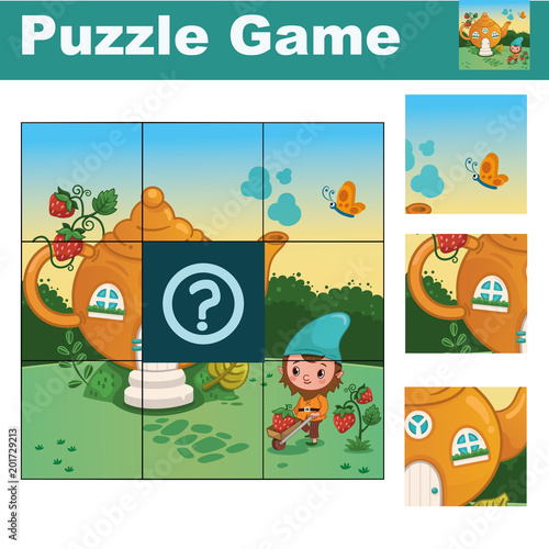 Puzzle for children featuring a cute gnome. Match pieces and complete the picture. Activity for preschool children.(Vector illustration)
