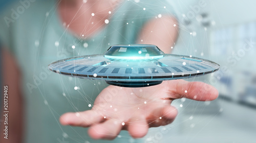 Fototapeta Naklejka Na Ścianę i Meble -  Businesswoman with retro UFO spaceship 3D rendering