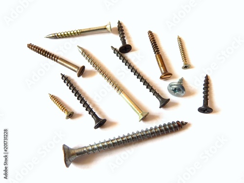 Dowels-Screws, wood screws and metal screws. Elements of fasteners.plugs, isolated on white background. Elements of fasteners. Dowels plugs for metal screws. photo