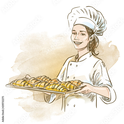 Smiling baker woman holding plate with croissants. Hand drawn vector illustration on artistic watercolor background.