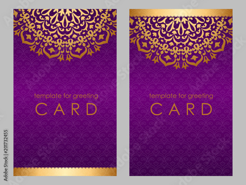 Greeting card golden ethnic patterns on violet background.