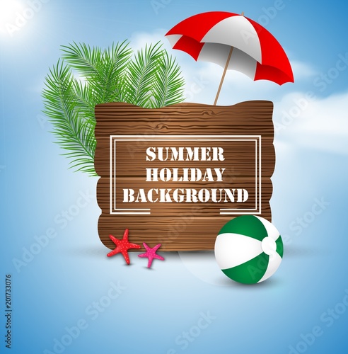 Summer Holiday on vintage wood background. Palm leaves, starfishes, beach ball and sunshade