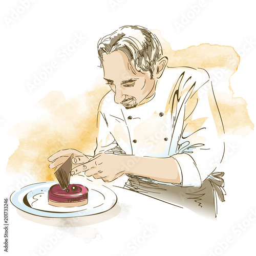 Pastry chef cooking desert. Hand drawn vector illustration on artistic watercolor background.