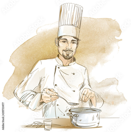 Happy chef cooking with pan. Hand drawn vector illustration on artistic watercolor background.