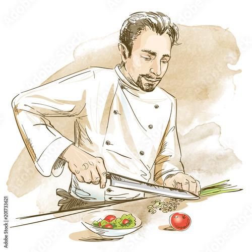 Chef cooking with knife vegetables. Hand drawn vector illustration on artistic watercolor background.