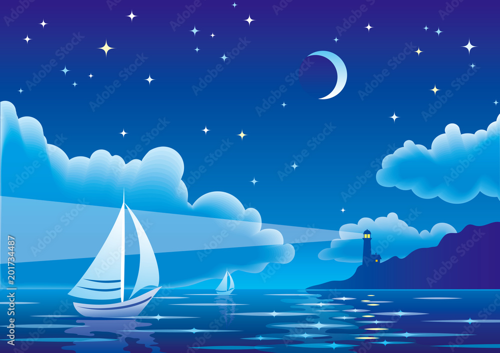 Fototapeta premium Vector night seascape with sailboat and lighthouse