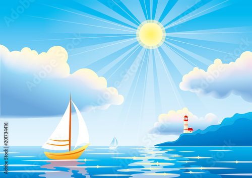 Vector day seascape with sailboat and lighthouse