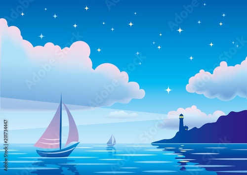 Vector evening seascape with sailboat, lighthouse and clouds in starry sky