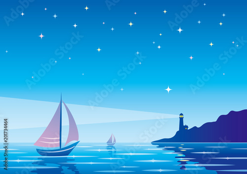 Vector evening seascape with sailboat, lighthouse and clear starry sky