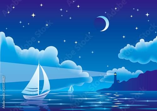 Vector night seascape with sailboat and lighthouse