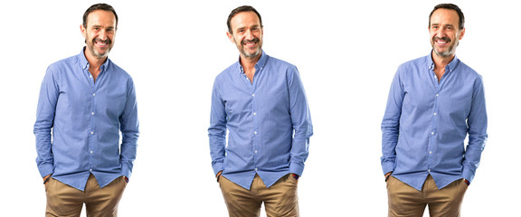 Middle age handsome man confident and happy with a big natural smile laughing over white background