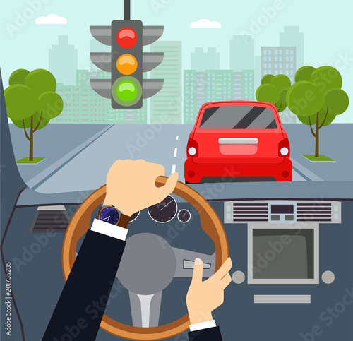 Man hands of a driver on steering wheel of a car. Traffic light. Vector flat style illustration