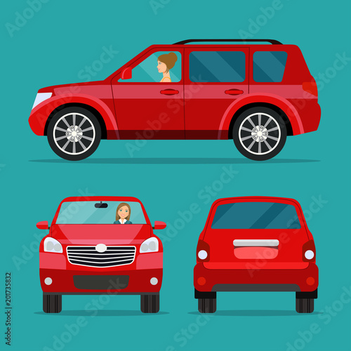 Red car two angle set. Car with driver woman side view, back view and front view. Vector flat illustration