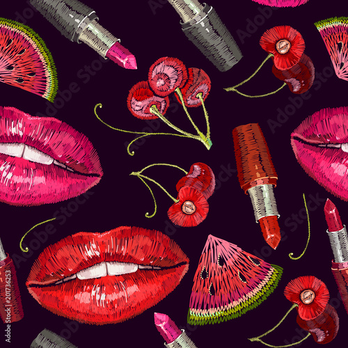 Embroidery lips and cherry seamless pattern. Fashion template for clothes, textiles, t-shirt design. Sweet kiss art. Sexy wet lip make-up pattern