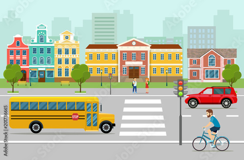 City street panoramic. City life set with cars, road, buildings and crosswalk. Vector flat style illustration