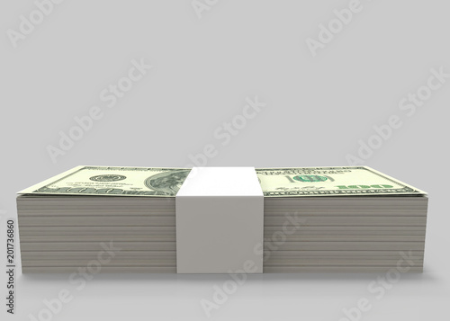 3d rendering. Side view of One Hundred USA Dollars bank notes stack on copy space gray background with clipping path.