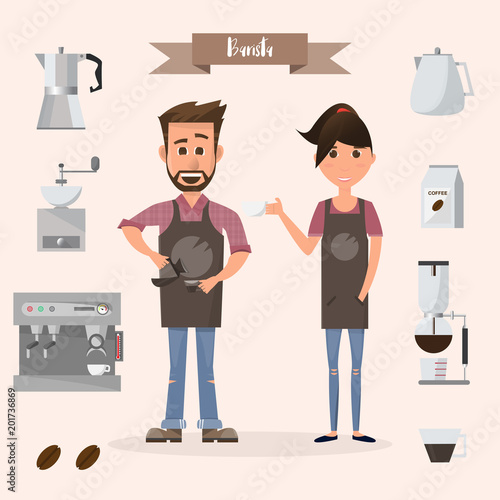 barista man and woman with machine and accessories in a coffee shop