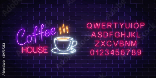 Neon coffee house signboard with alphabet on a dark brick wall background. Hot drink and food cafe sign.