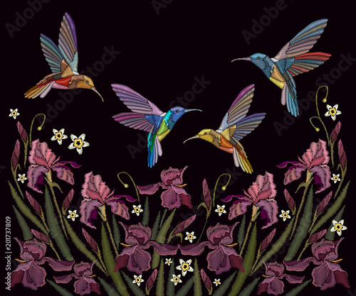 Embroidery irises and birds. Beautiful spring purple irises and humming birds  clothes template  t-shirt design