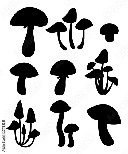 Black silhouette. Decorative mushrooms illustration. Cartoon style design. Vector illustration isolated on white background. Web site page and mobile app design