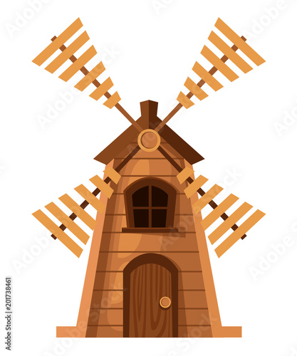 Traditional old windmill. Wooden mill. Cartoon style design. Vector illustration isolated on white background. Web site page and mobile app design