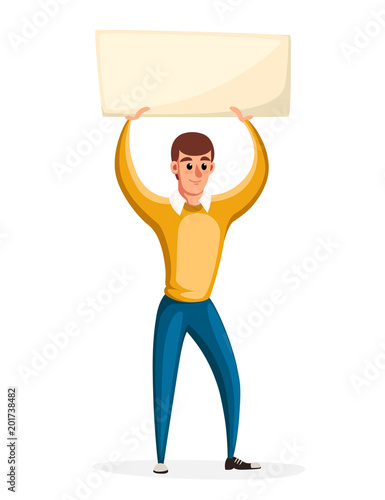 Man holding banner with no transparency, political protest activism. Concept of picket. Cartoon style character design. Vector illustration isolated on white background website page and mobile app