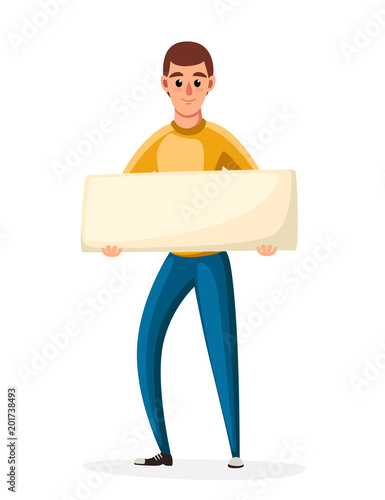 Man holding banner with no transparency, political protest activism. Concept of picket. Cartoon style character design. Vector illustration isolated on white background website page and mobile app